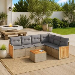 Garden Sofa Set 7 Piece Outdoor Furniture Beige Poly Rattan Patio Lounge with