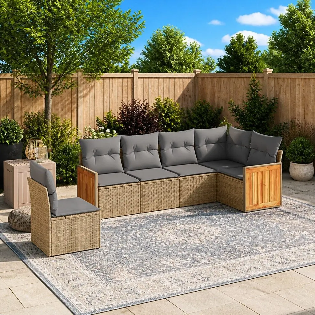 Garden Sofa Set 6 Piece Outdoor Furniture Patio Beige Poly Rattan with Cushions
