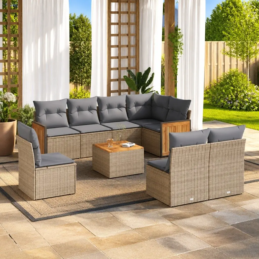 Garden Sofa Set 9 Piece Outdoor Furniture Beige Poly Rattan Patio Lounge with