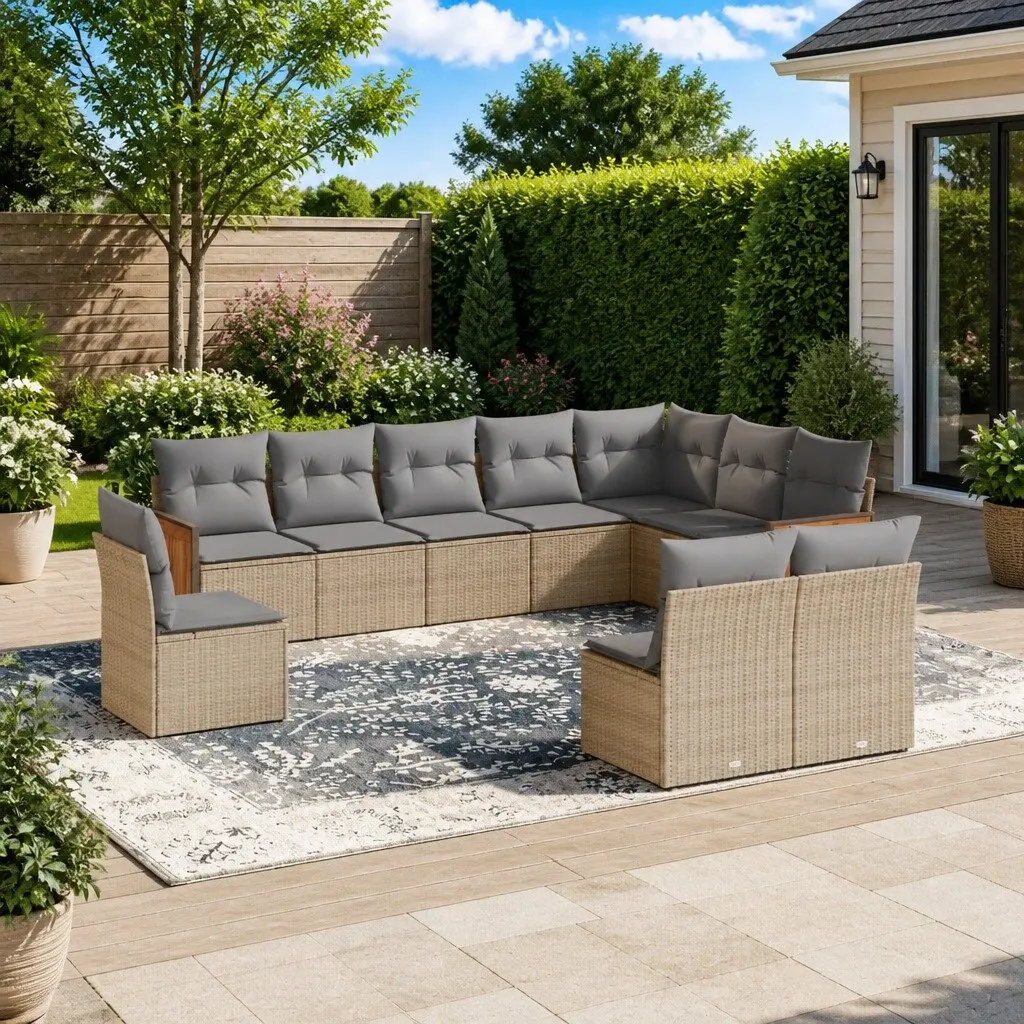 Outdoor Garden Sofa Set 10 Piece Beige Poly Rattan Patio Furniture Modular