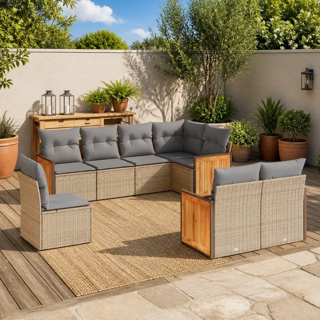 Garden Sofa Set 8 Piece Outdoor Furniture Beige Poly Rattan Patio Lounge with