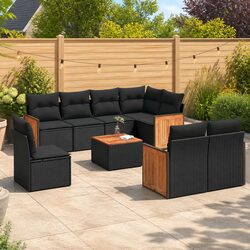 Outdoor Garden Sofa Set 9 Piece Black Poly Rattan Patio Furniture with Cushions