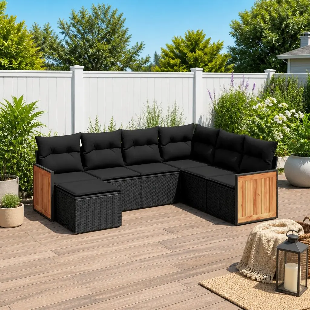 Modular Outdoor Furniture Set 7 Piece Black PE Rattan Garden Sofa