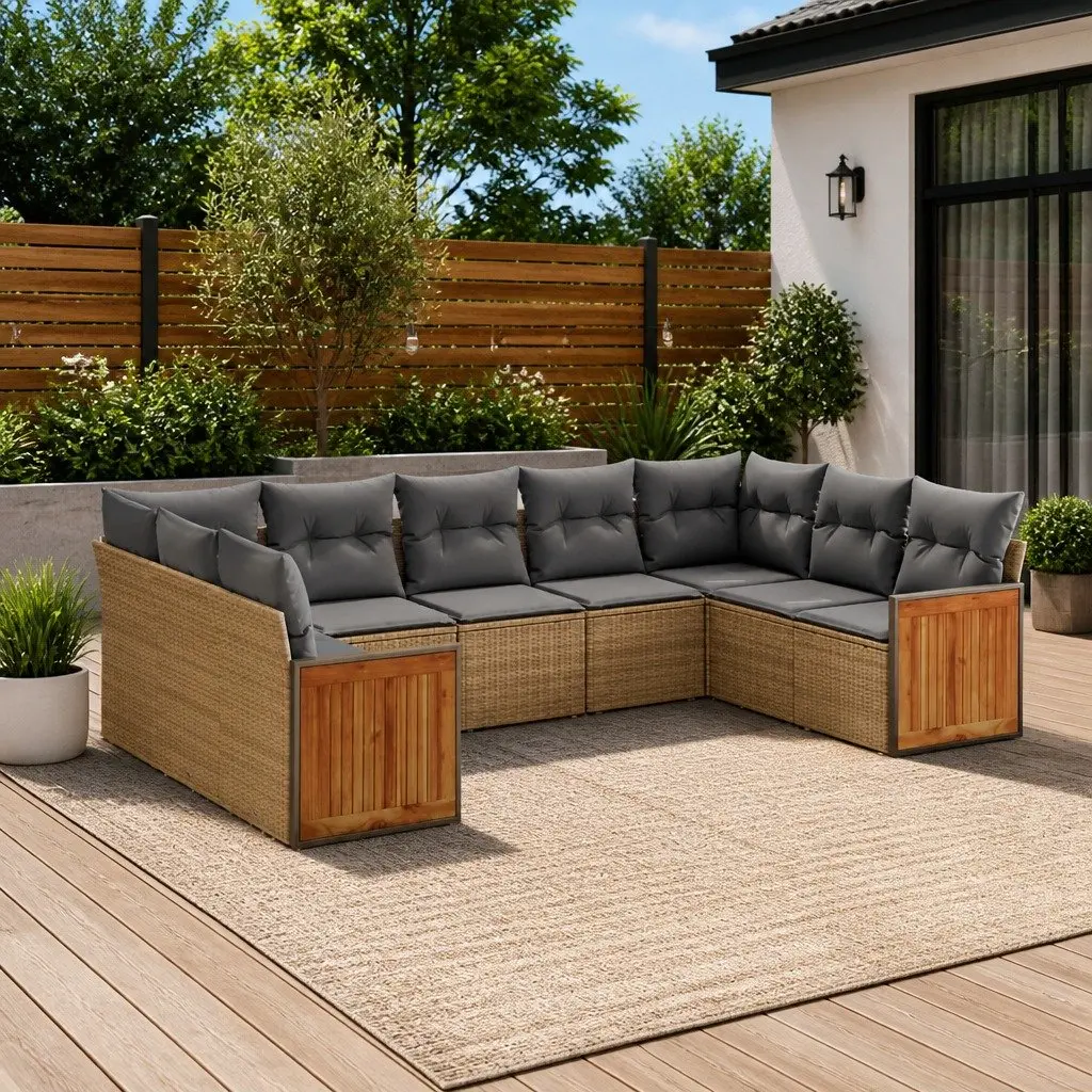 Modular Outdoor Patio Furniture 9 Piece Garden Sofa Set Beige Poly Rattan