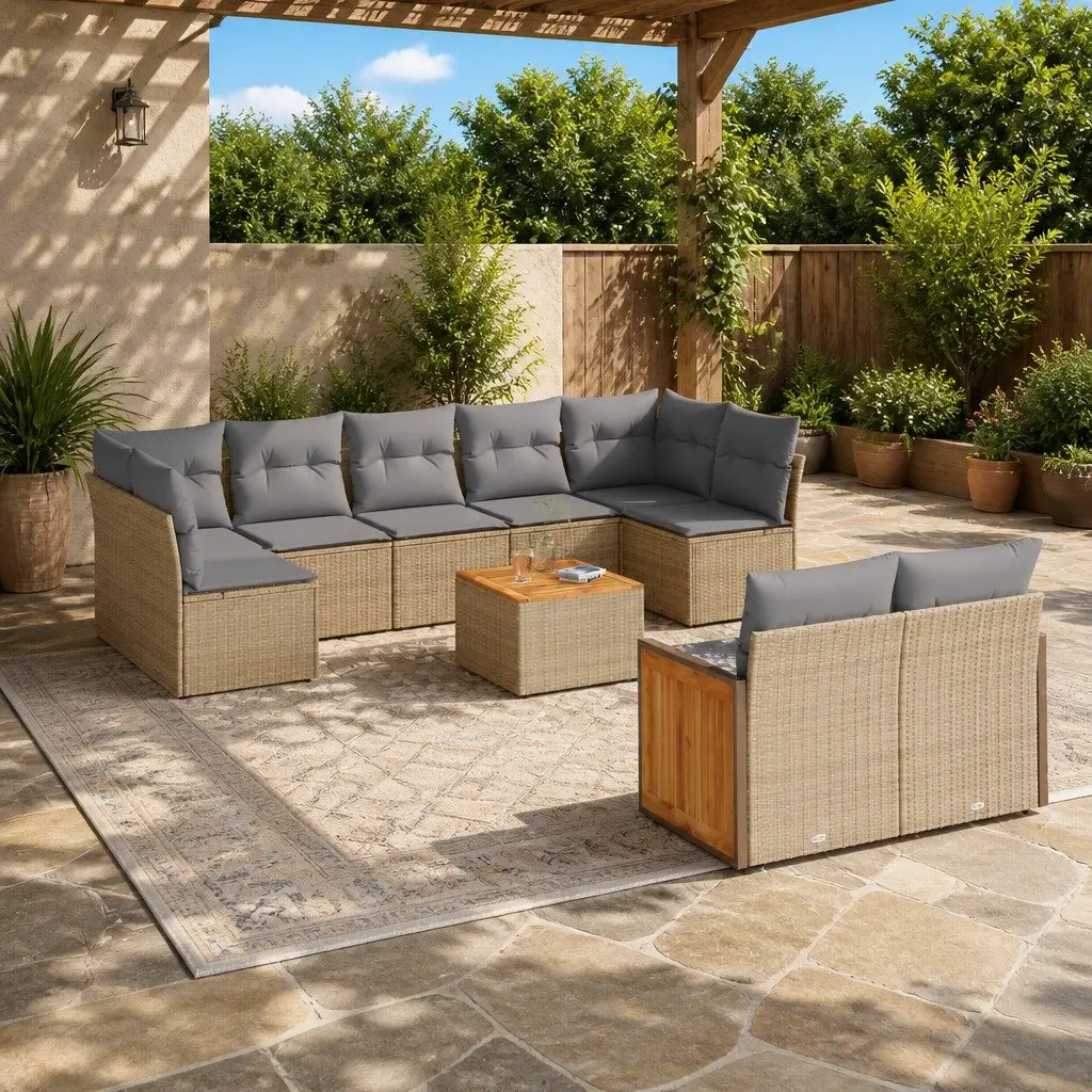 10 Piece Garden Sofa Set Poly Rattan Outdoor Furniture with Cushions Beige