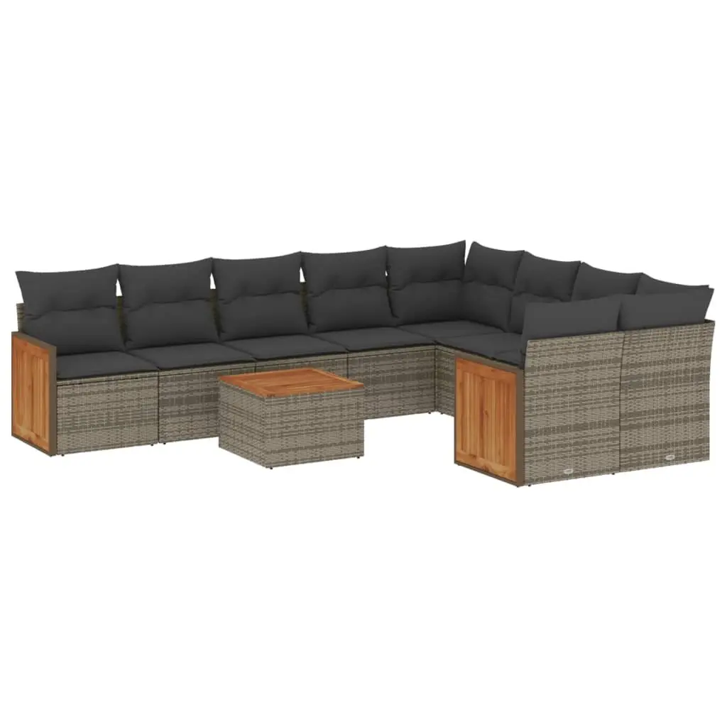 Modular Outdoor Garden Sofa Set 10 Piece Grey Poly Rattan Furniture with Acacia Wood Top