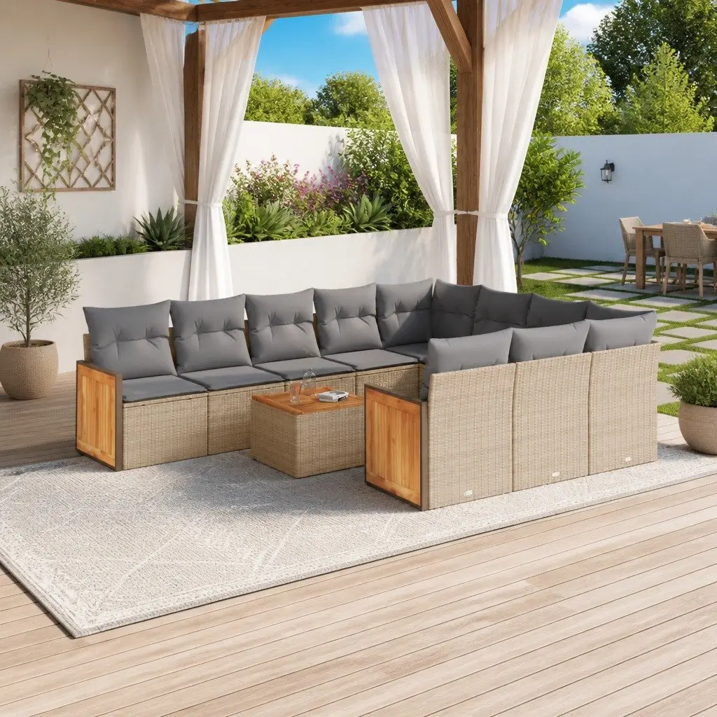 Garden Sofa Set 11 Piece Outdoor Furniture Patio Beige Poly Rattan Modular