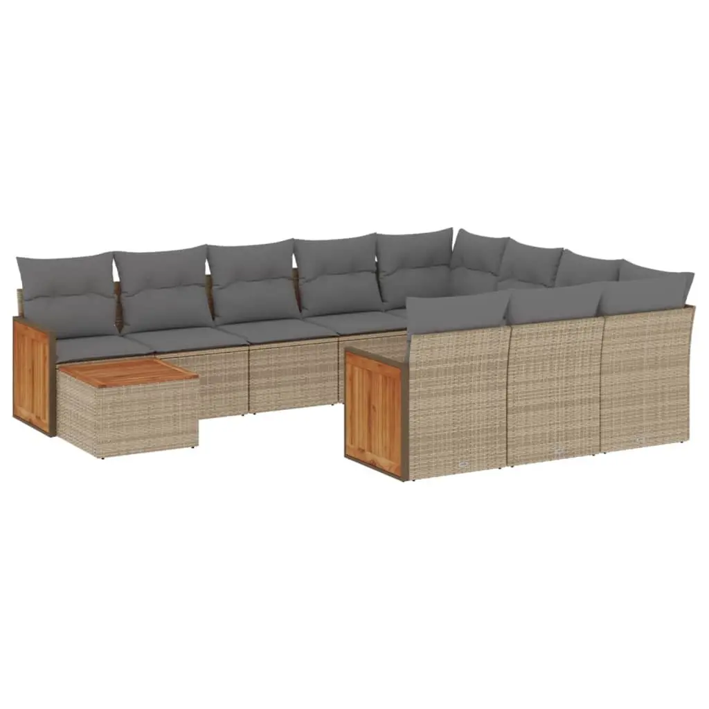 11 Piece Modular Garden Sofa Set Beige Poly Rattan with Acacia Wood Tabletop and Storage Space