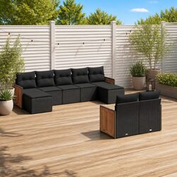 9 Piece Outdoor Garden Sofa Set Black Poly Rattan Patio Furniture with Cushions