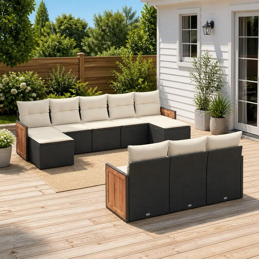 10 Piece Modular Garden Sofa Set Weather Resistant Black PE Rattan with Cushions