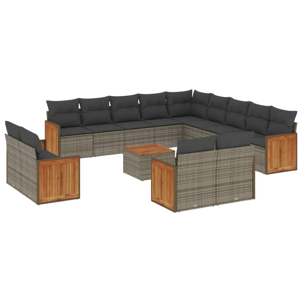 14 Piece Modular Outdoor Furniture Set Grey Poly Rattan Garden Sofa with Storage and Acacia Wood Tabletop