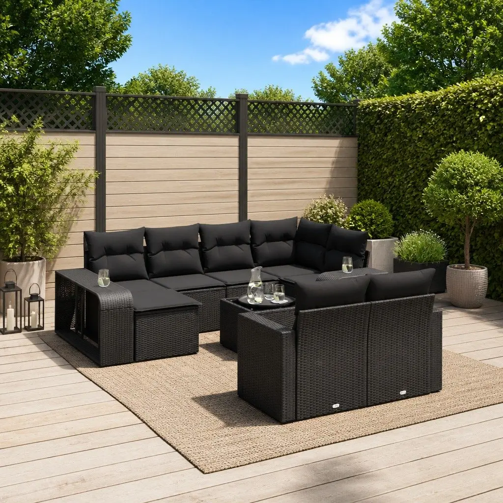 11 Piece Outdoor Garden Sofa Set with Storage Black Poly Rattan Sectional