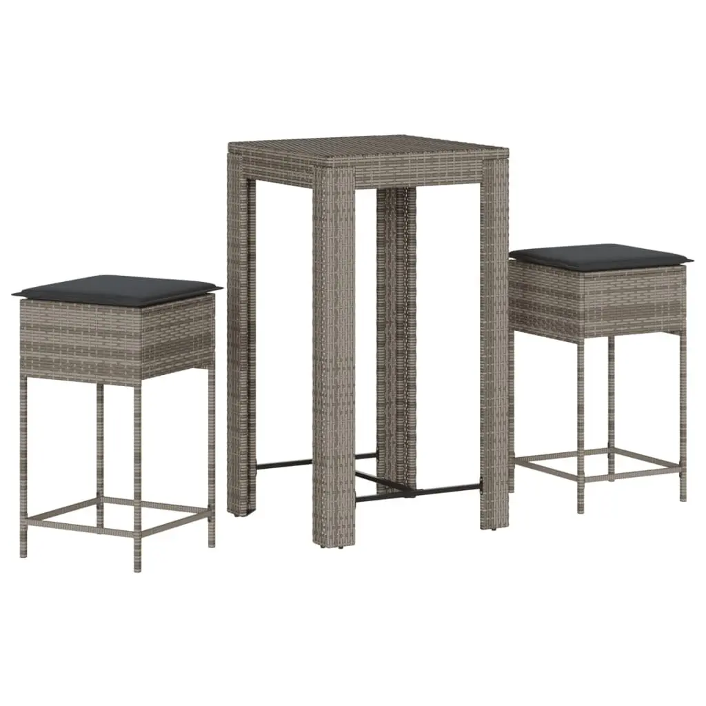 Garden Bar Set Grey 3 Piece Outdoor Furniture Poly Rattan with Cushions
