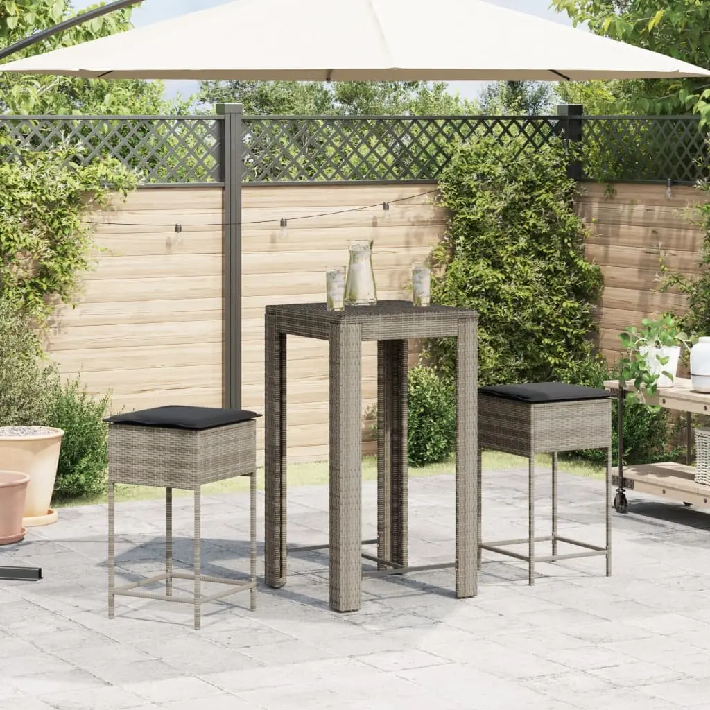 Garden Bar Set Grey 3 Piece Outdoor Furniture Poly Rattan with Cushions