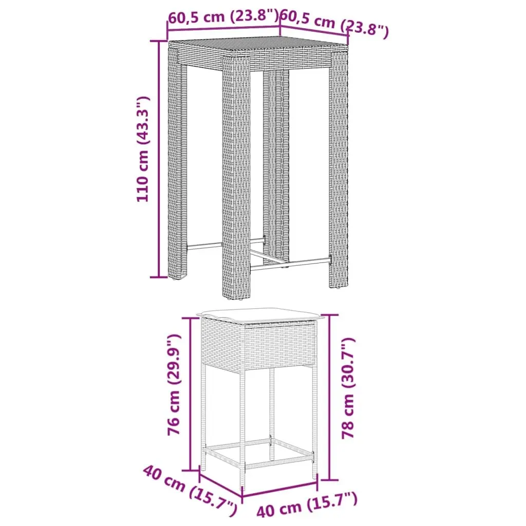 Garden Bar Set Grey 3 Piece Outdoor Furniture Poly Rattan with Cushions
