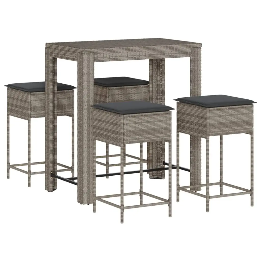 Garden Bar Set 5 Piece Grey Poly Rattan Outdoor Furniture with Cushions