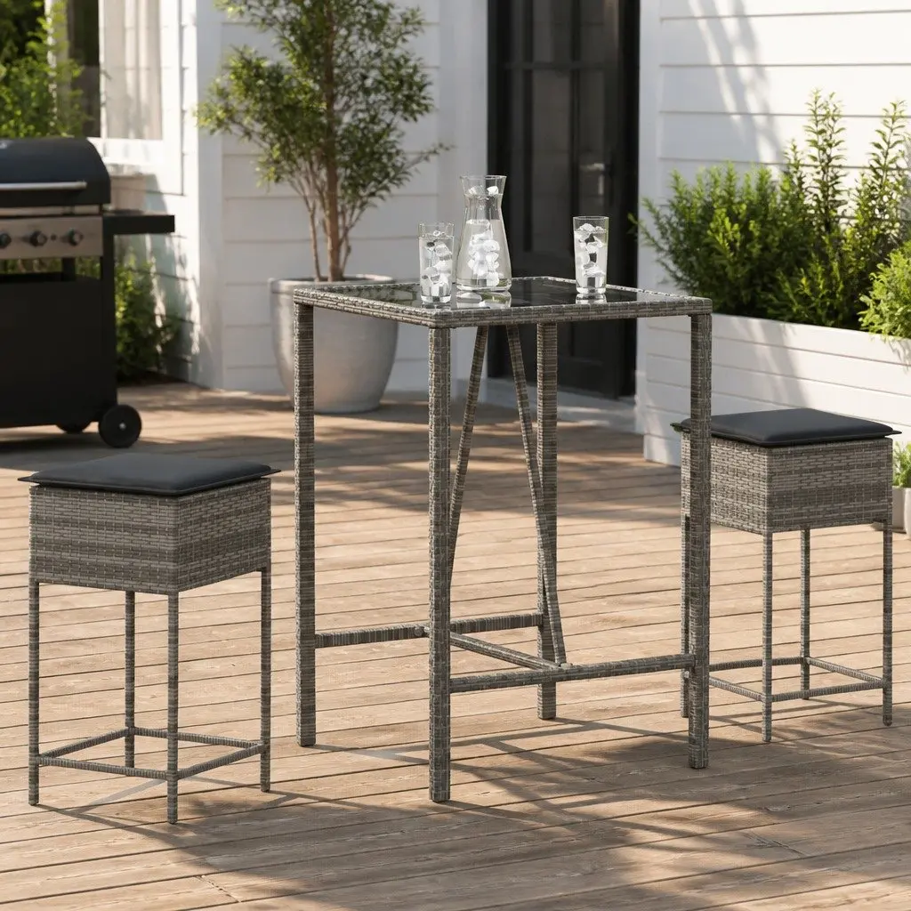 3 Piece Garden Bar Set Grey Outdoor Furniture Patio Dining Table with Cushions
