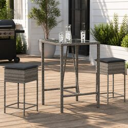 3 Piece Garden Bar Set Grey Outdoor Furniture Patio Dining Table Chairs Cushions