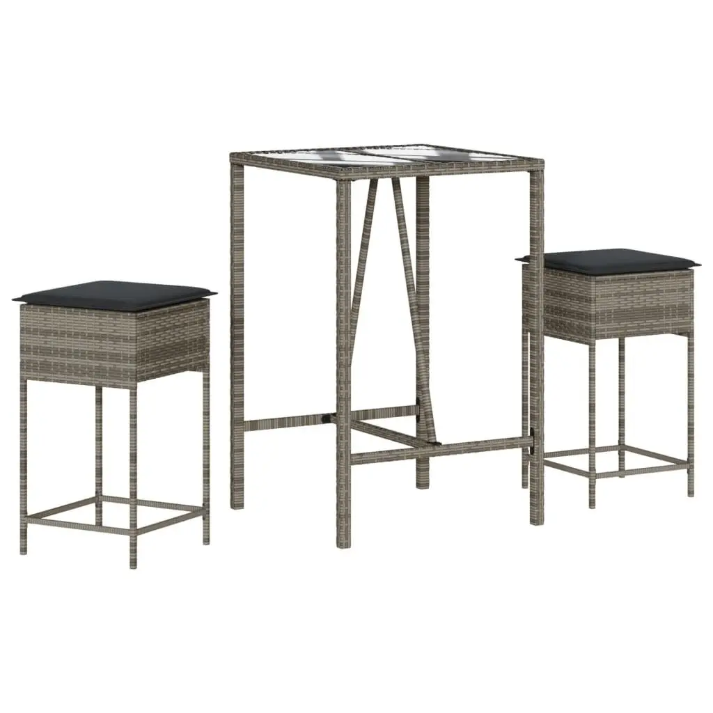 3 Piece Garden Bar Set Grey Outdoor Furniture Patio Dining Table with Cushions