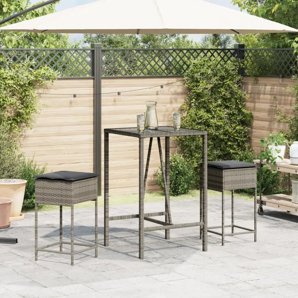 3 Piece Garden Bar Set Grey Outdoor Furniture Patio Dining Table with Cushions