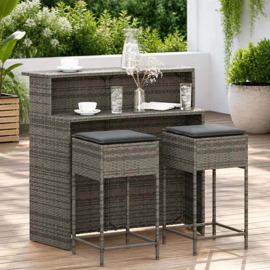 Garden Bar Set 3 Piece Grey Poly Rattan Outdoor Furniture with Cushions