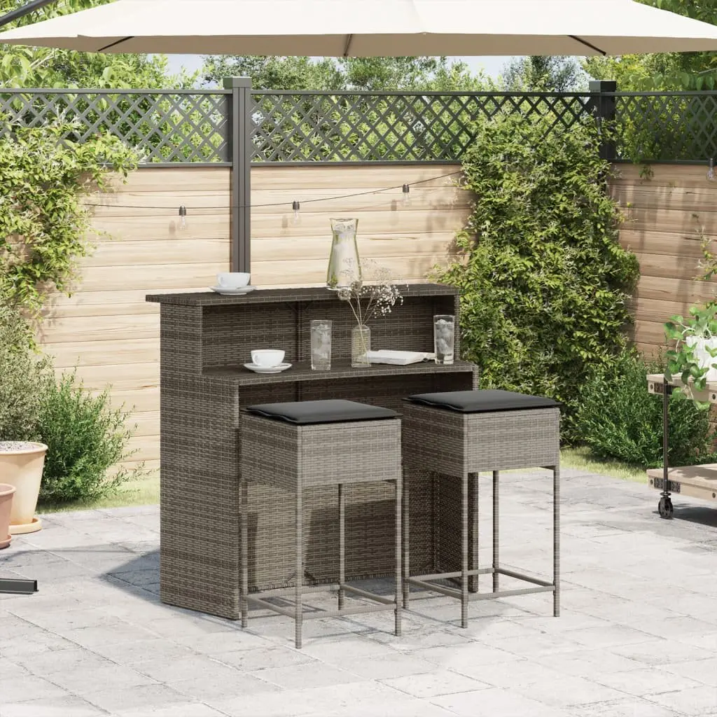 Garden Bar Set 3 Piece Grey Poly Rattan Outdoor Furniture with Cushions
