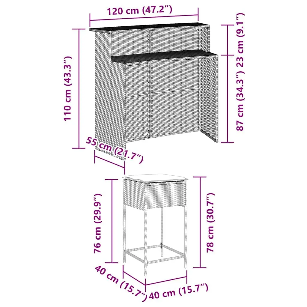 Garden Bar Set 3 Piece Grey Poly Rattan Outdoor Furniture with Cushions