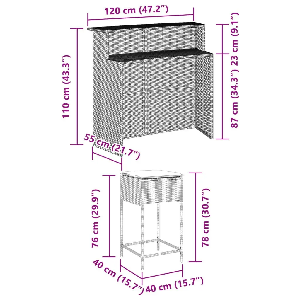 5 Piece Garden Bar Set Outdoor Furniture Grey Cushioned Poly Rattan Patio
