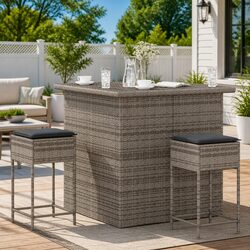 3 Piece Garden Bar Set Outdoor Furniture Patio Rattan Stools with Grey Cushions