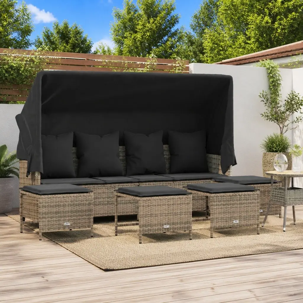 5 Piece Sofa Set with Adjustable Backrest Footrest Canopy Cushions Grey Rattan Outdoor Furniture