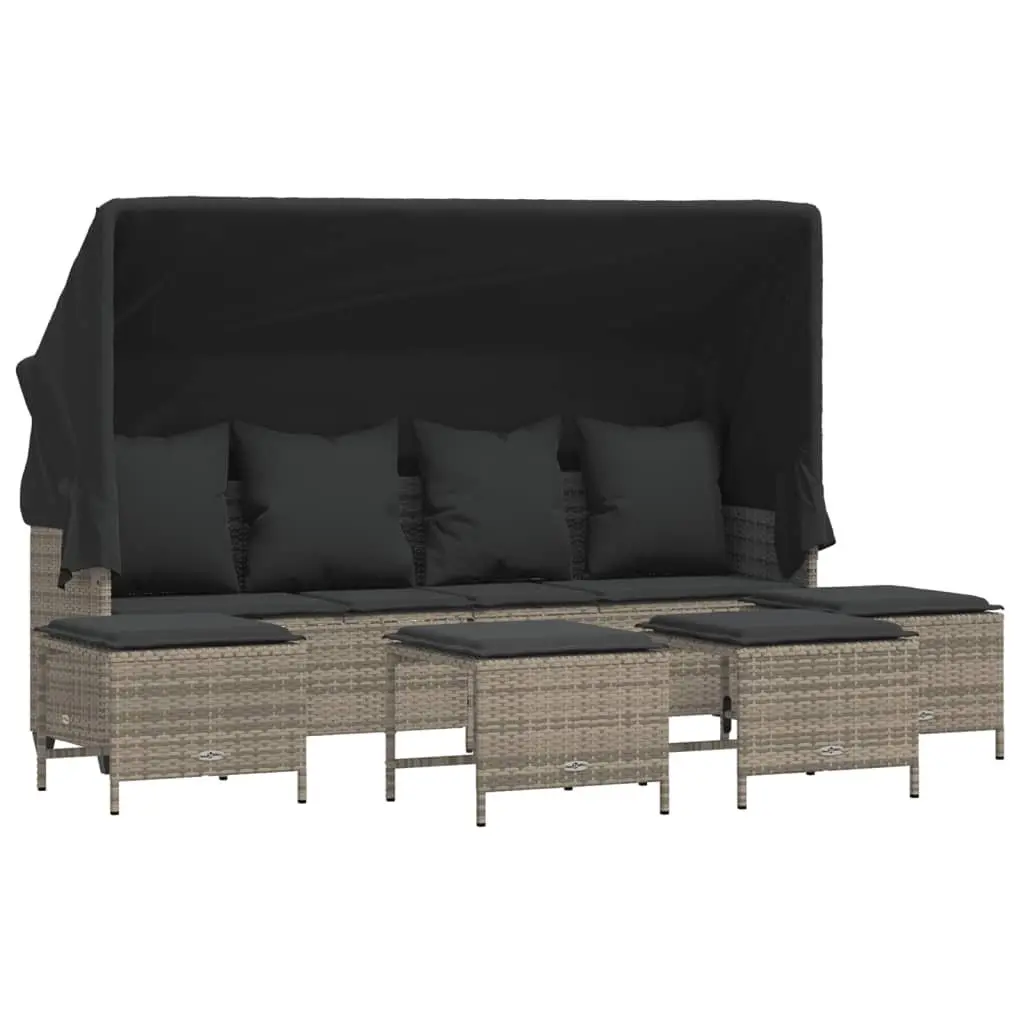 5 Piece Sofa Set with Adjustable Backrest Footrest Canopy Cushions Grey Rattan Outdoor Furniture