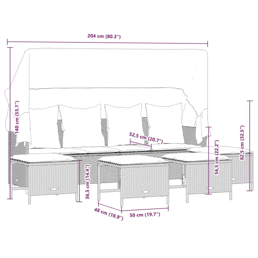 5 Piece Sofa Set with Adjustable Backrest Footrest Canopy Cushions Grey Rattan Outdoor Furniture