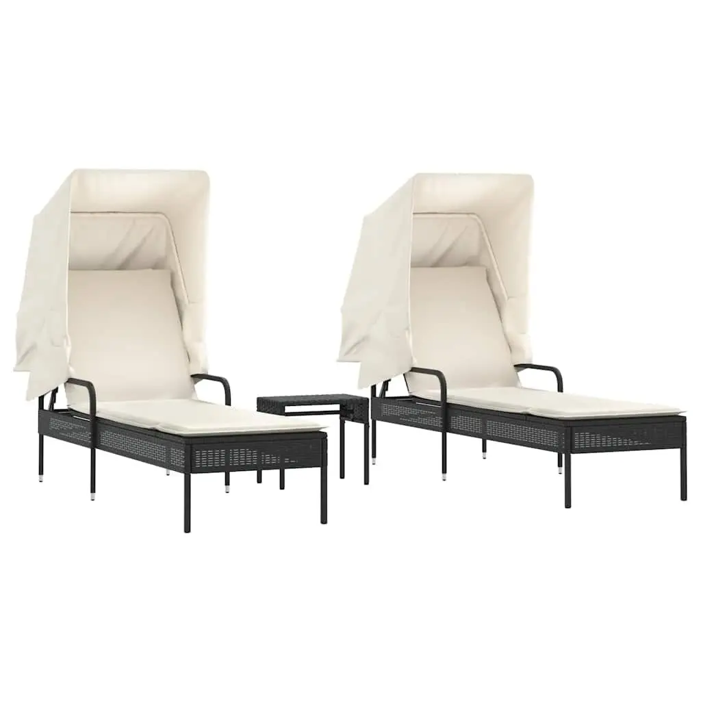 Sun Loungers Set 2 pcs with Retractable Canopies Tea Table Black Outdoor Seating