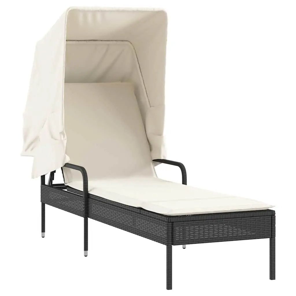 Sun Loungers Set 2 pcs with Retractable Canopies Tea Table Black Outdoor Seating