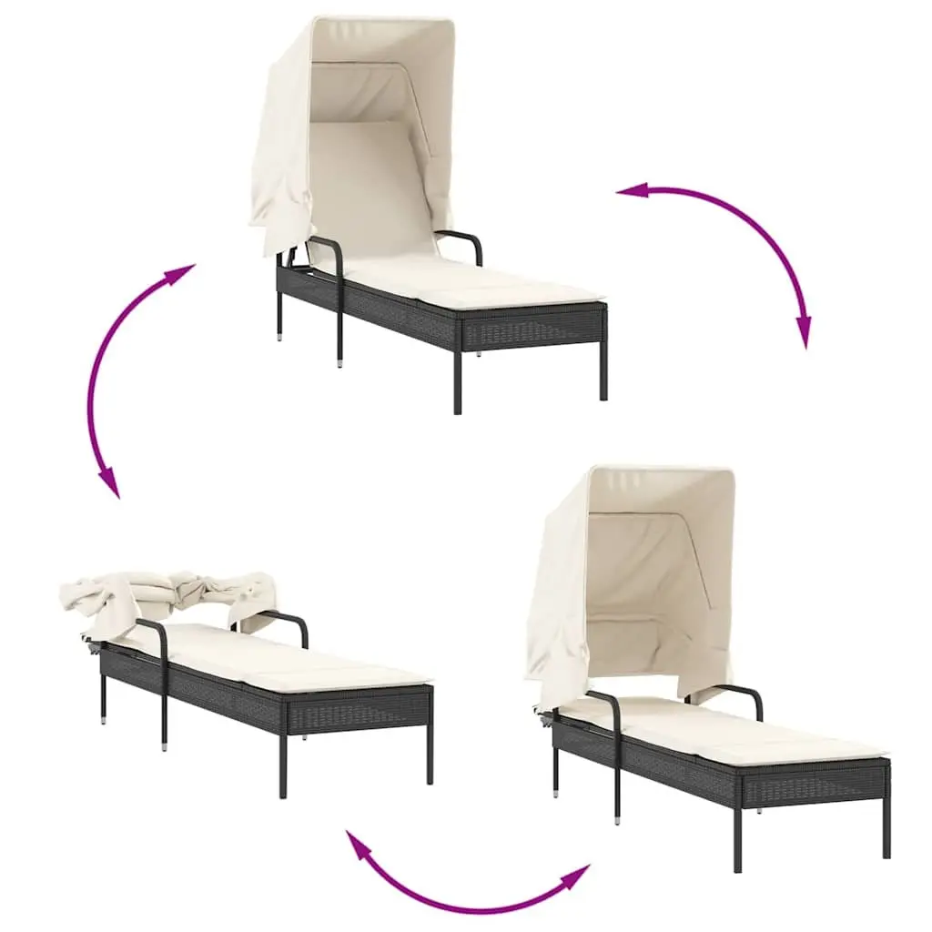 Sun Loungers Set 2 pcs with Retractable Canopies Tea Table Black Outdoor Seating