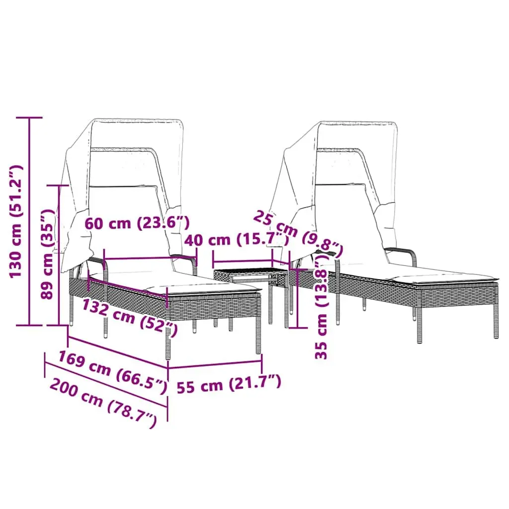 Sun Loungers Set 2 pcs with Retractable Canopies Tea Table Black Outdoor Seating