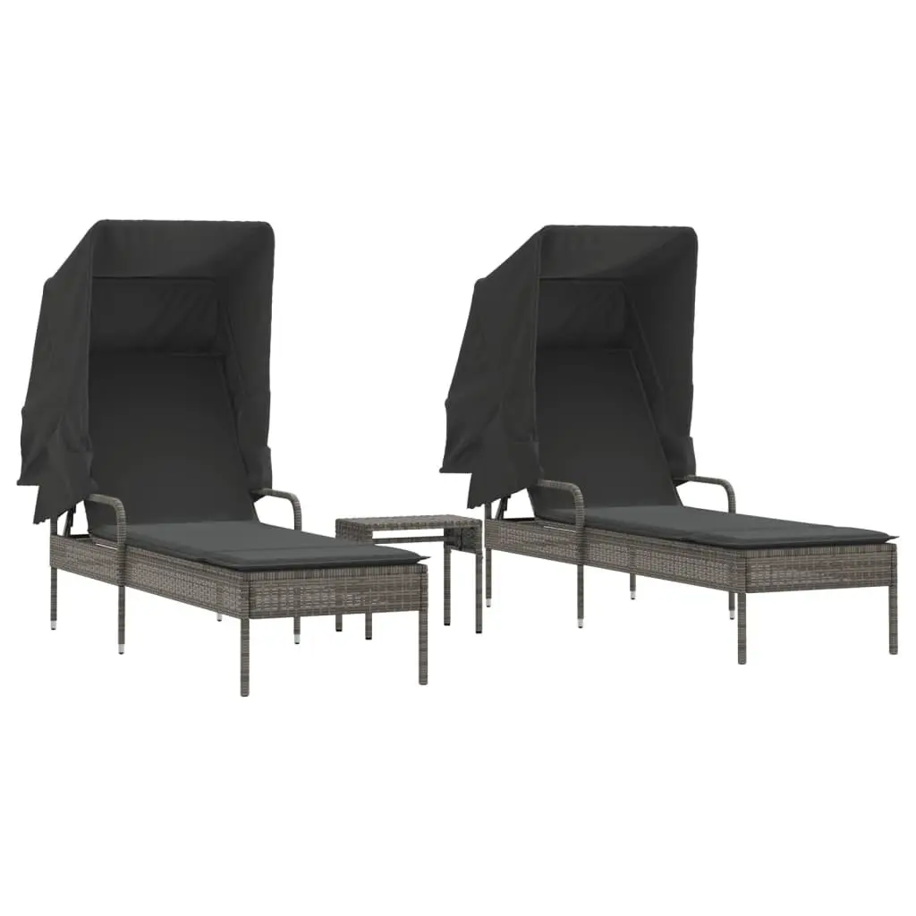 Sun Loungers 2 Pieces with Retractable Canopies Grey Outdoor Furniture