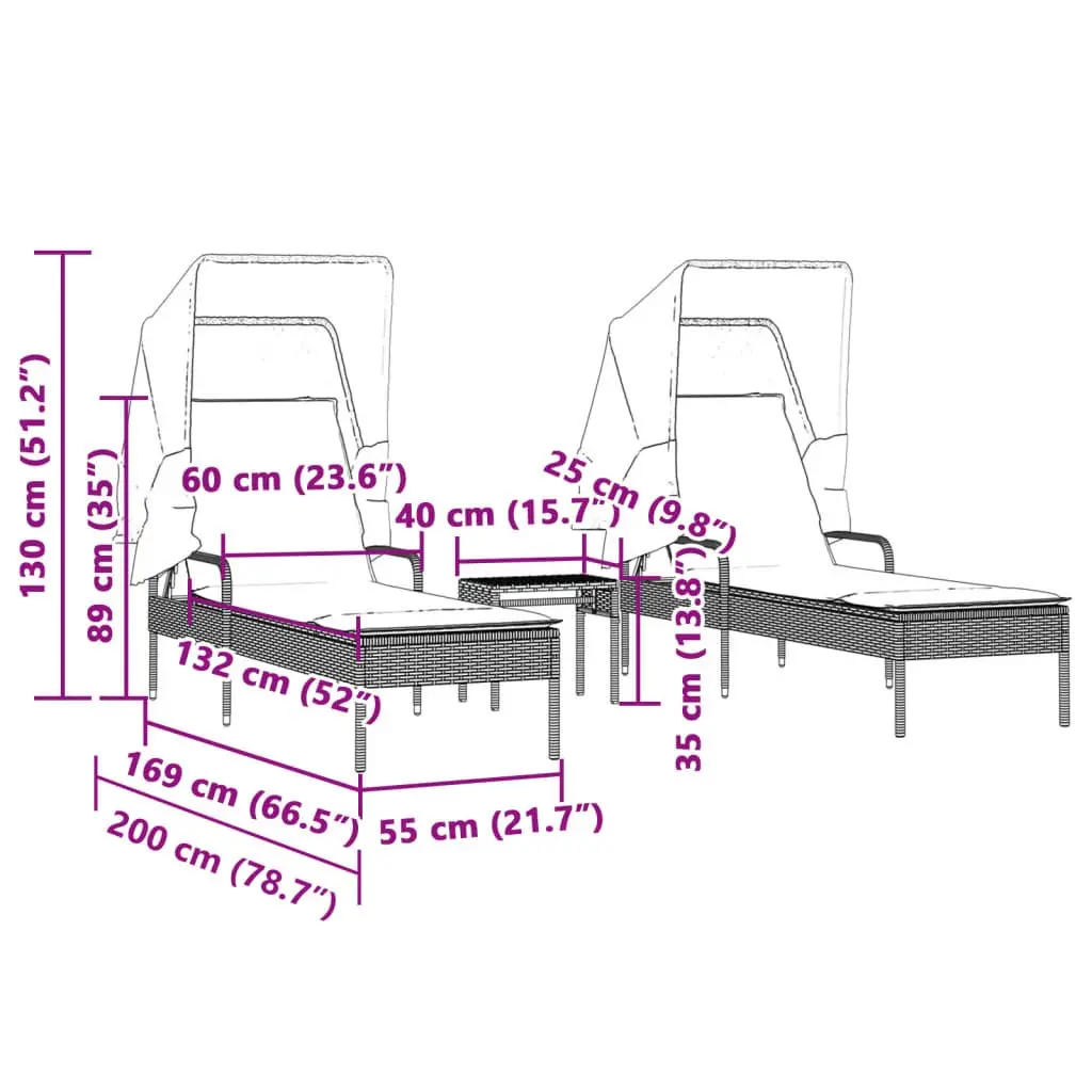 Sun Loungers 2 Pieces with Retractable Canopies Grey Outdoor Furniture
