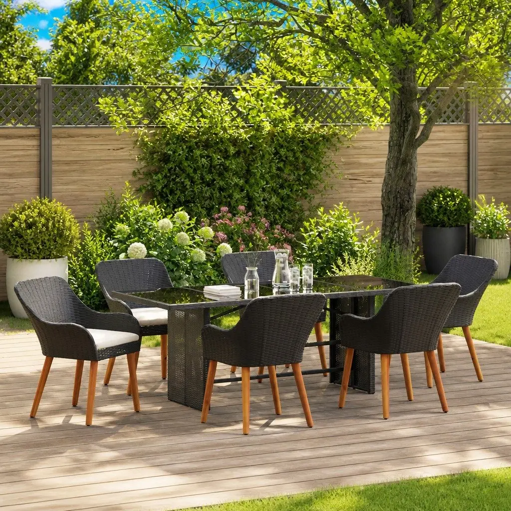 Garden Dining Set 7 Piece Outdoor Furniture Poly Rattan Black with Cushion