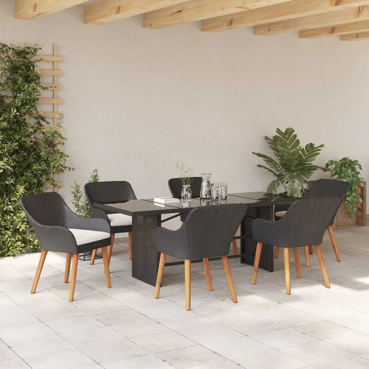 Garden Dining Set 7 Piece Outdoor Furniture Poly Rattan Black with Cushions