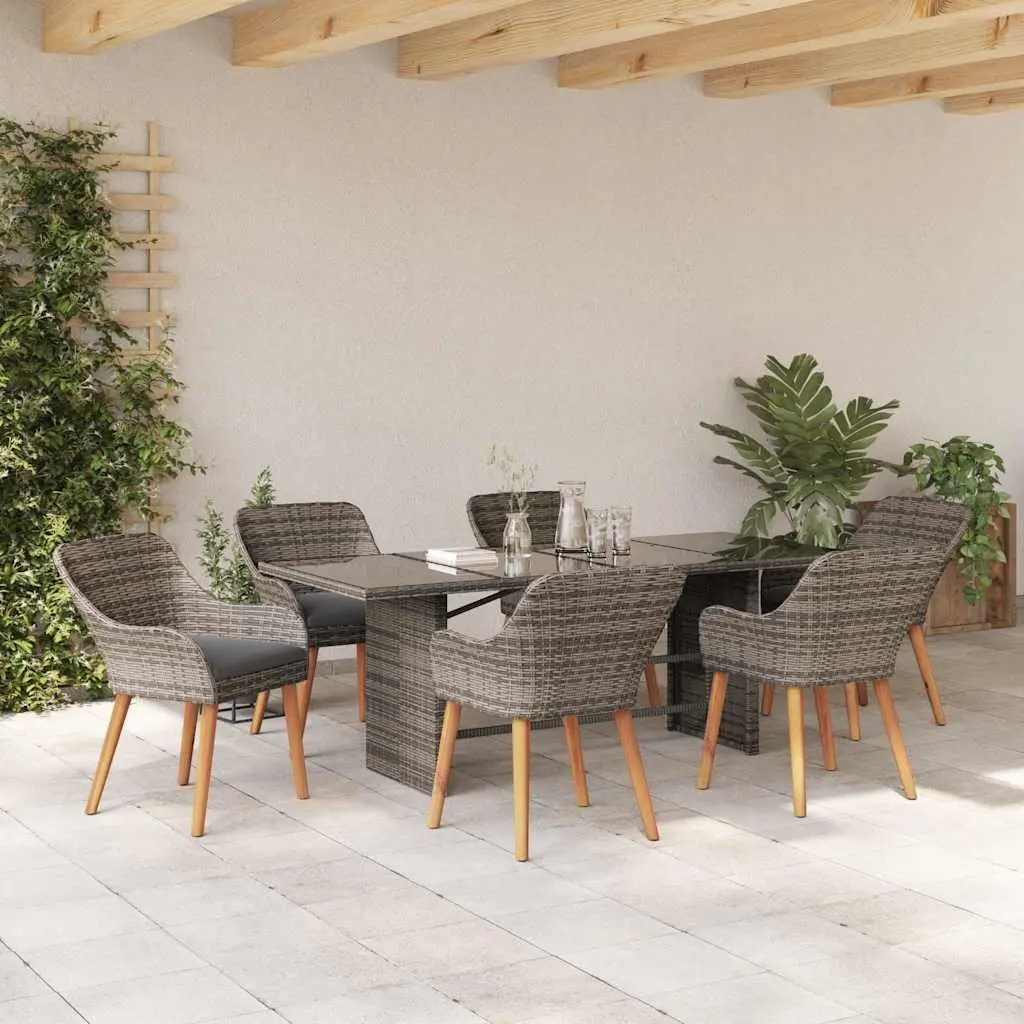 Garden Dining Set 7 pcs Grey Outdoor Furniture Poly Rattan Table Chairs Cushion