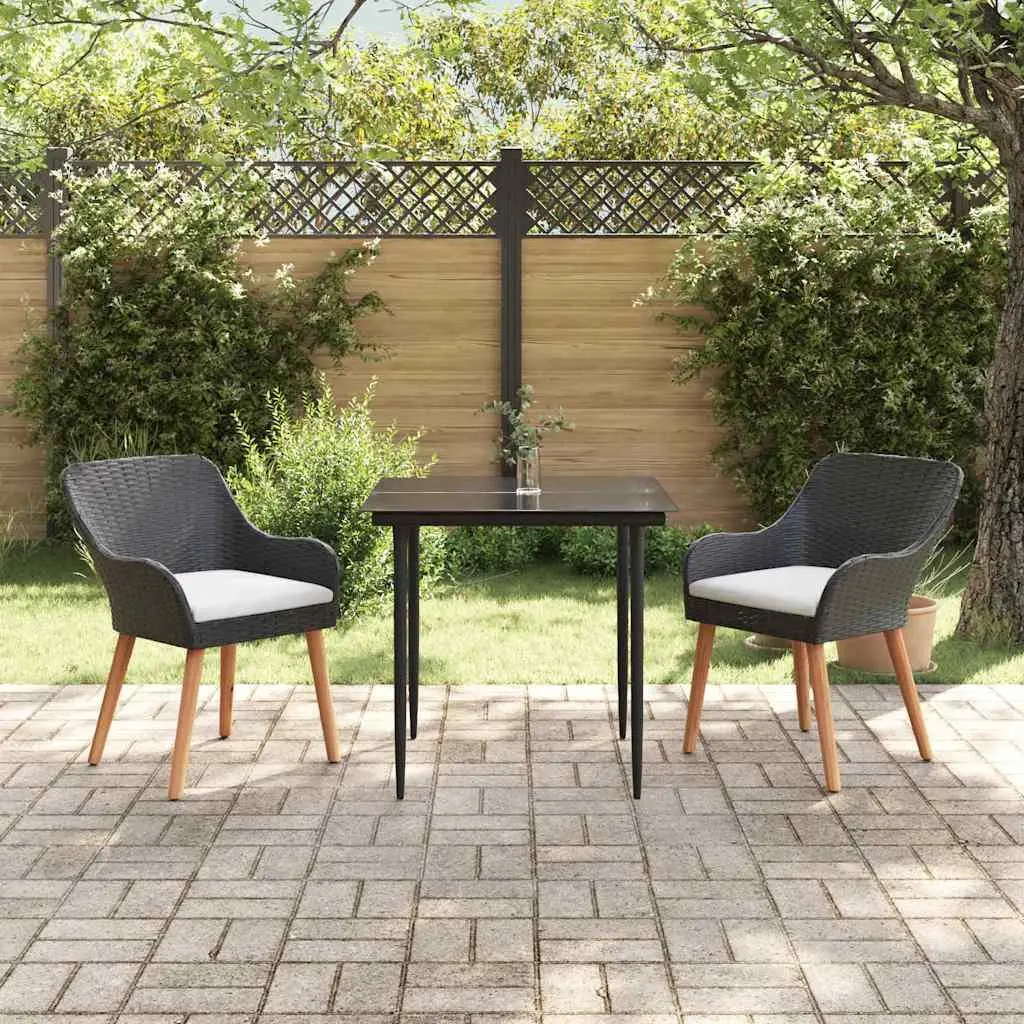 Garden Dining Set 3 Pieces Black Poly Rattan Chair Table