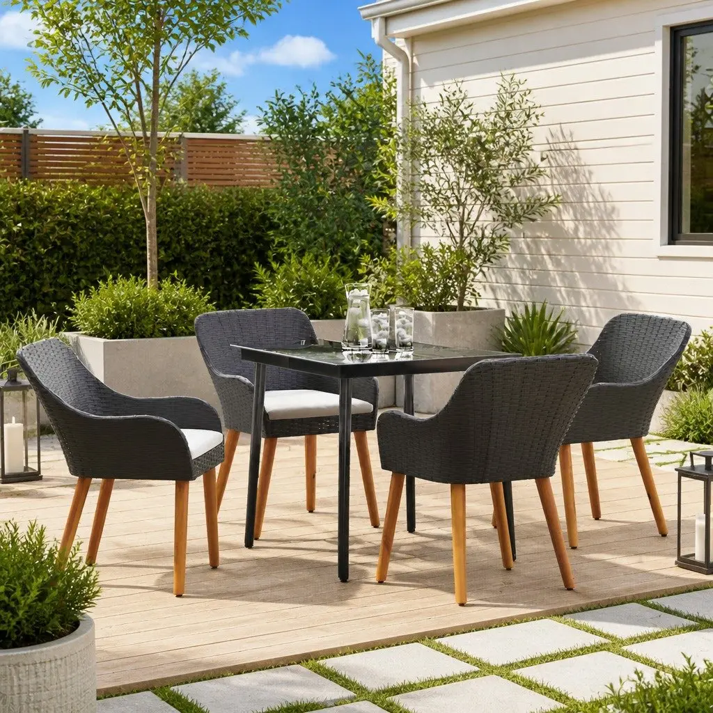 Garden Dining Set 5 Piece Poly Rattan Patio Table Chairs with Cushions Black
