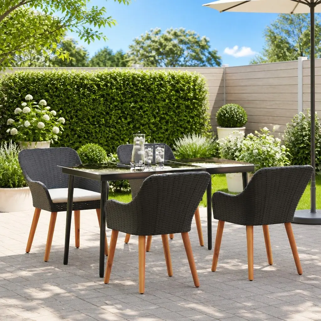 Outdoor Dining Set Black Poly Rattan 5 Piece with Tempered Glass Table and Cushions