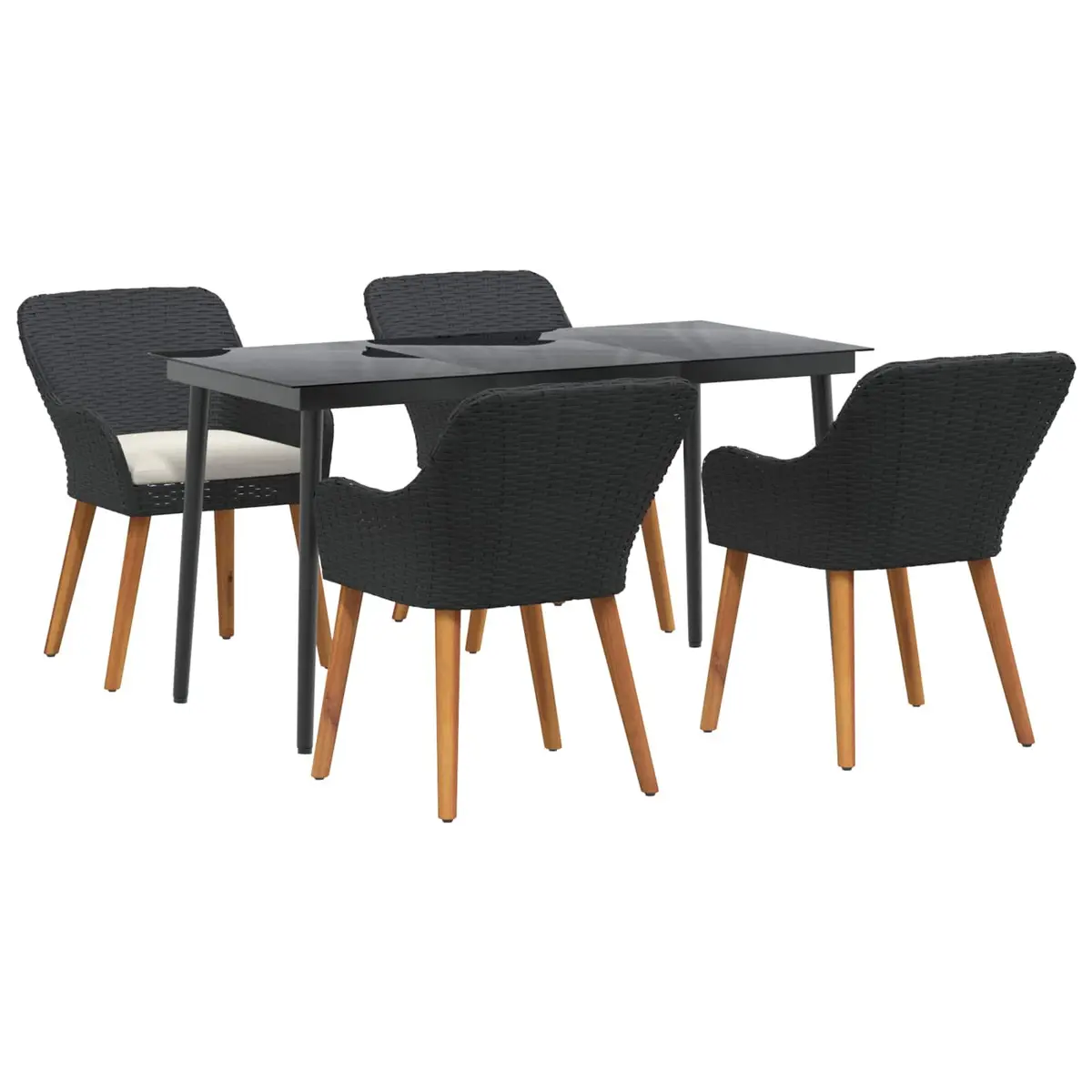 Outdoor Dining Set Black Poly Rattan 5 Piece with Tempered Glass Table and Cushions