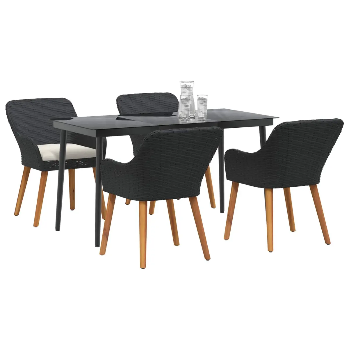 Outdoor Dining Set Black Poly Rattan 5 Piece with Tempered Glass Table and Cushions