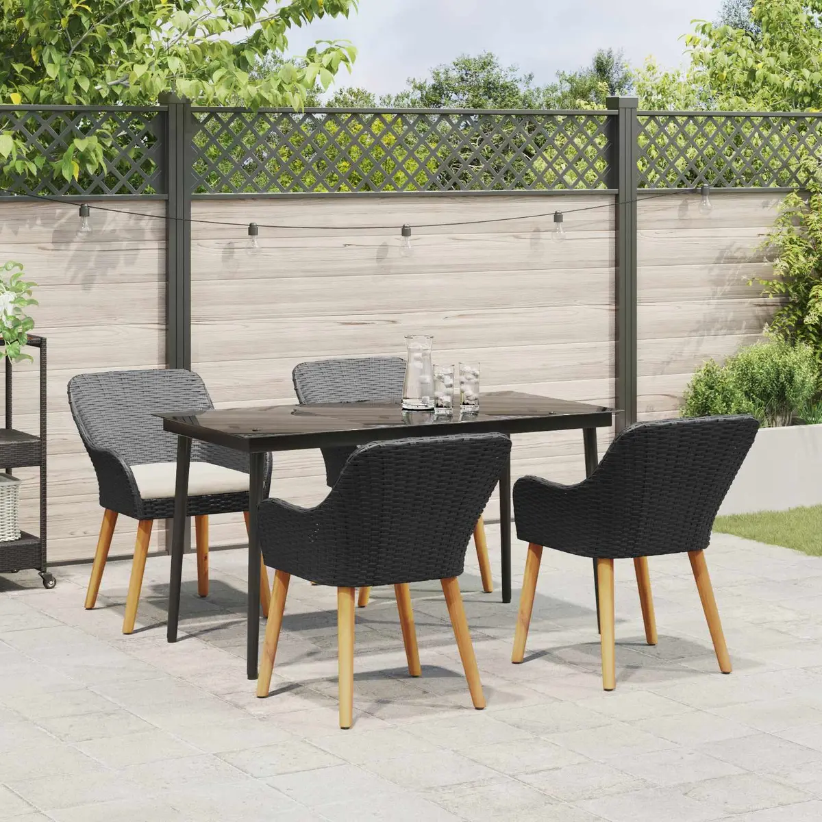 Outdoor Dining Set Black Poly Rattan 5 Piece with Tempered Glass Table and Cushions