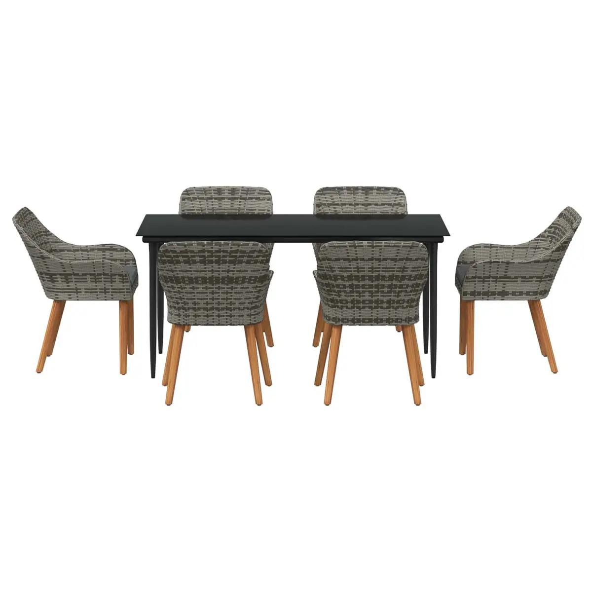 Outdoor Dining Set Grey Poly Rattan 7 Pieces with Cushions Tempered Glass Table