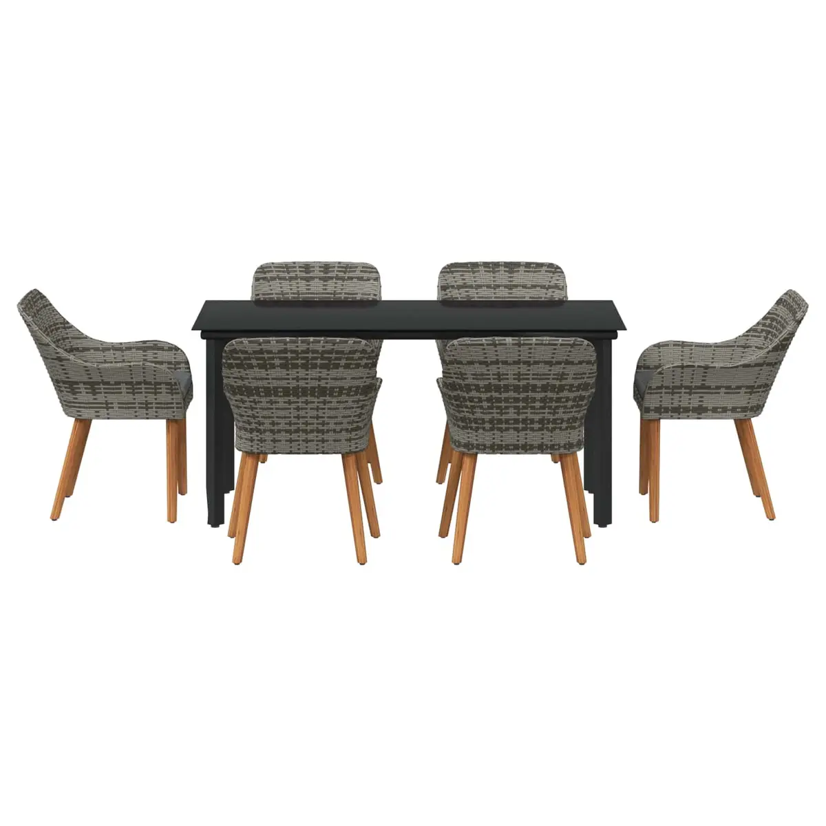 Garden Dining Set 7 Piece Grey Outdoor Patio Table with Tempered Glass Top and Chairs with Weather-Resistant Cushions