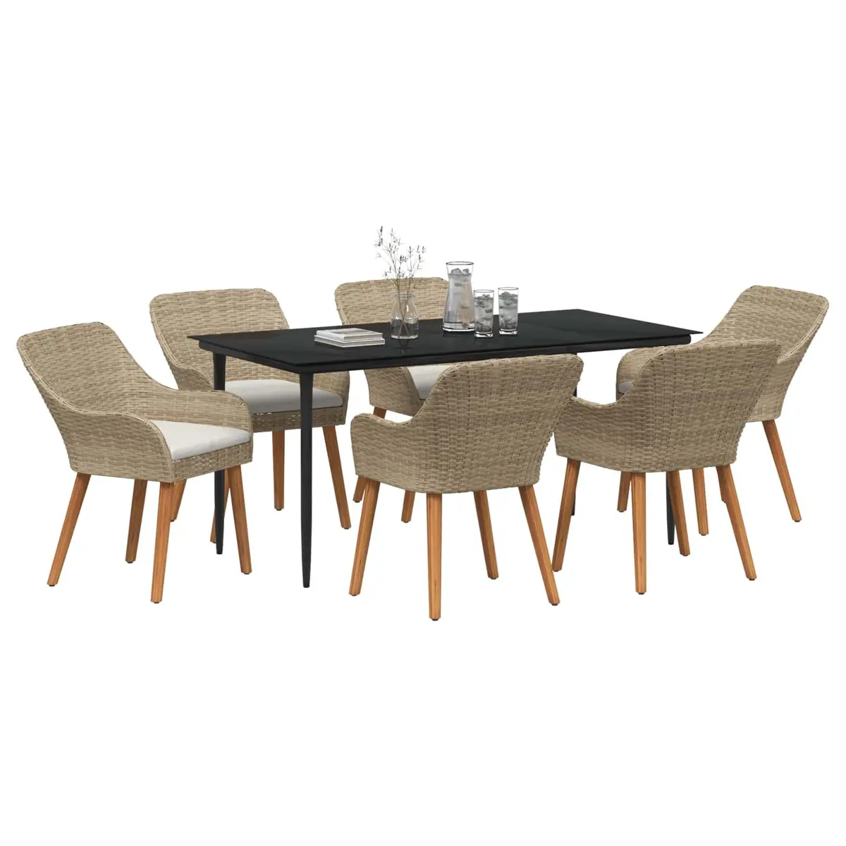 Outdoor Furniture Dining Set 7 Piece Poly Rattan Beige with Cushions